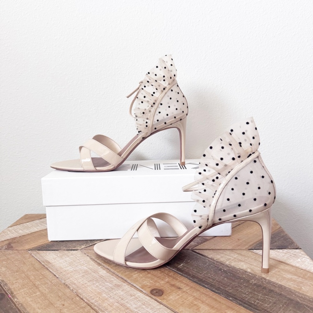 BCBGMaxazria Stella Sandal Cream Ruffle Polka Dot Heels - Picture 4 of 14